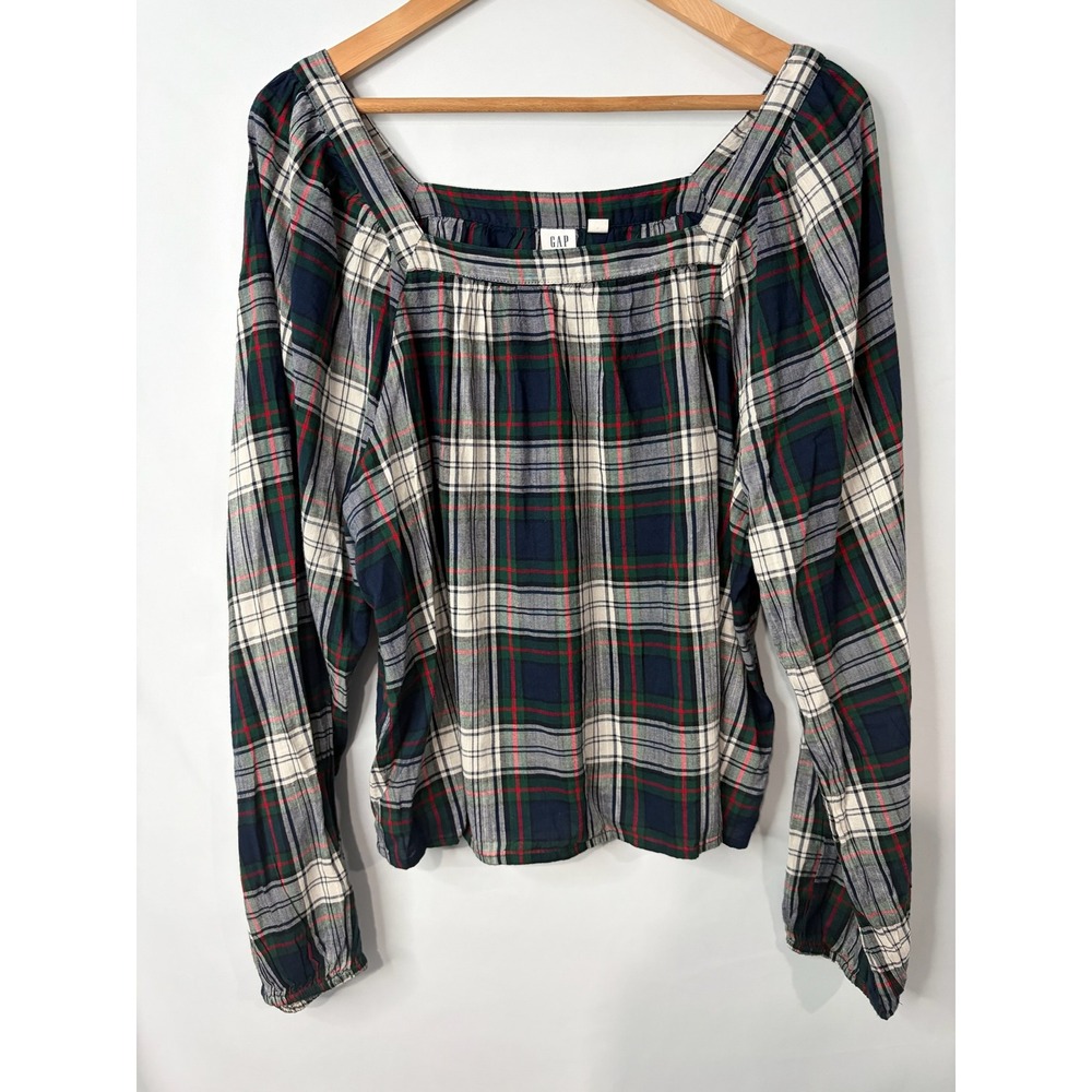 Gap Womens Blouse Top Sz Navy GreenTartan Plaid Square Neck Preppy Old Money
